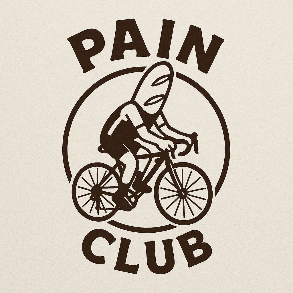 Pain Club logo: a baguette riding a bicycle